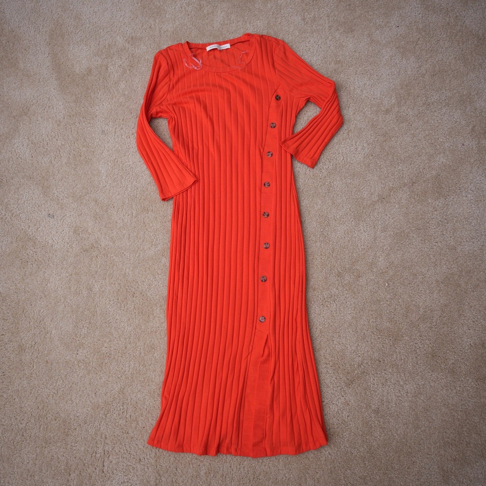 Madison + Hudson Orange Ribbed Knit Button Side Midi Dress Medium New No Tag